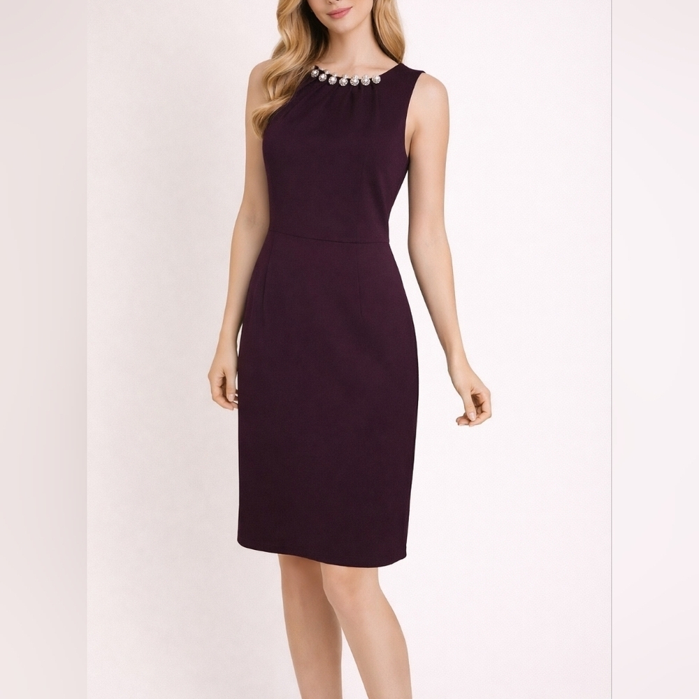 VTG SHELBY NITES 1990s Purple Embellished Pleated Neck Sheath Holiday Dress